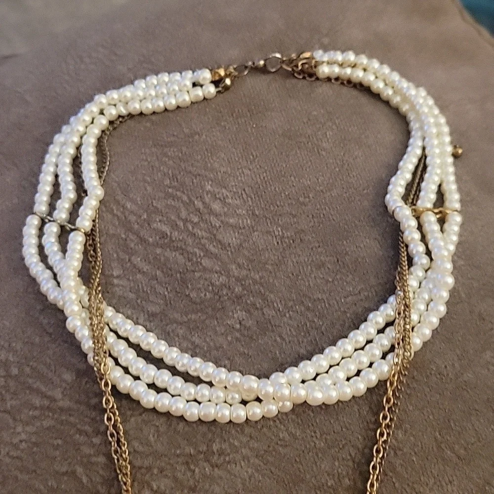 Y2k Glass Pearl Layered Chain Cross Heart Pendant Flapper Necklace